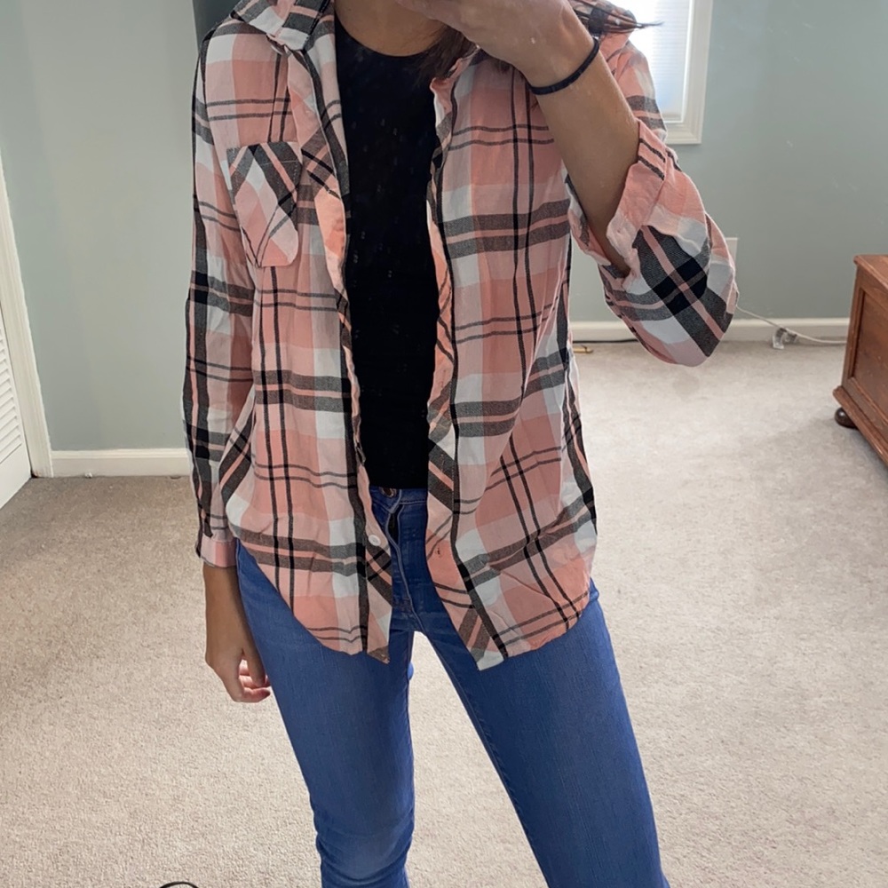 Pink and black plaid button down